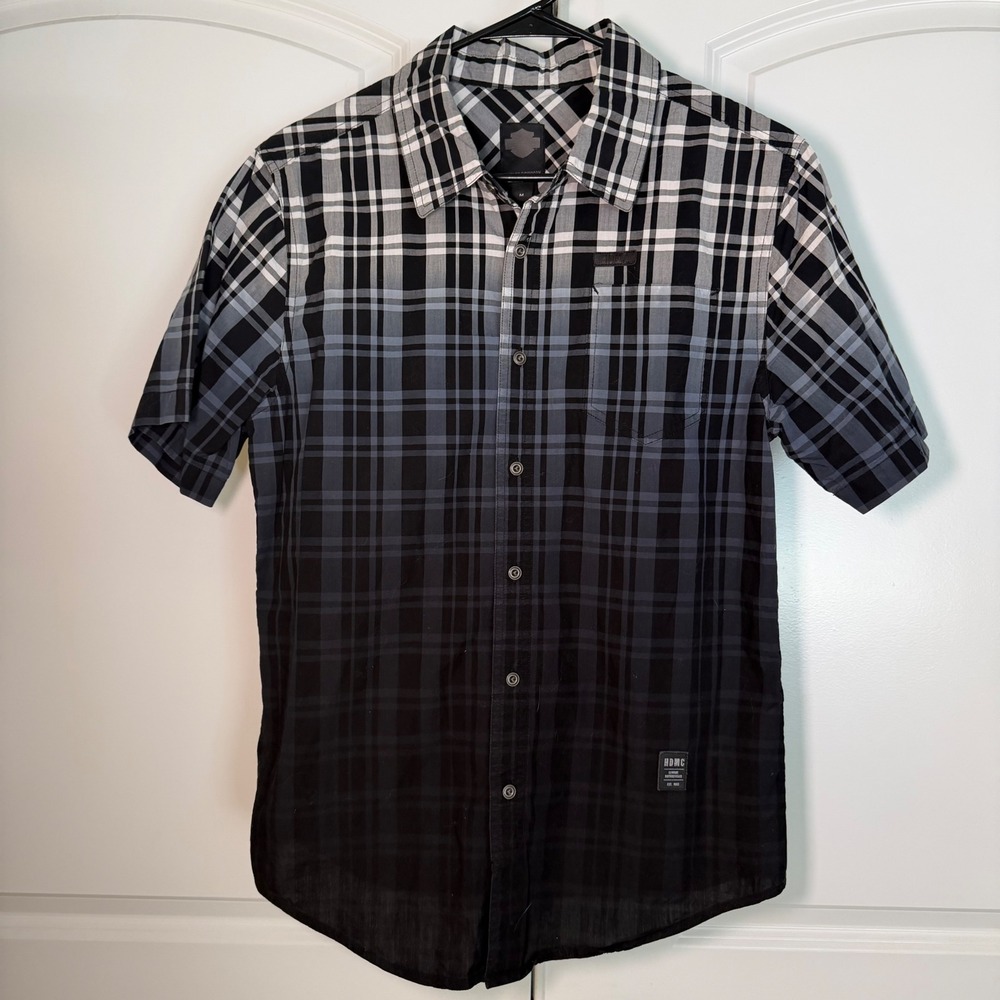 Harley-Davidson Mens Ombre Plaid Short Sleeve Button Down Shirt Black Grey M